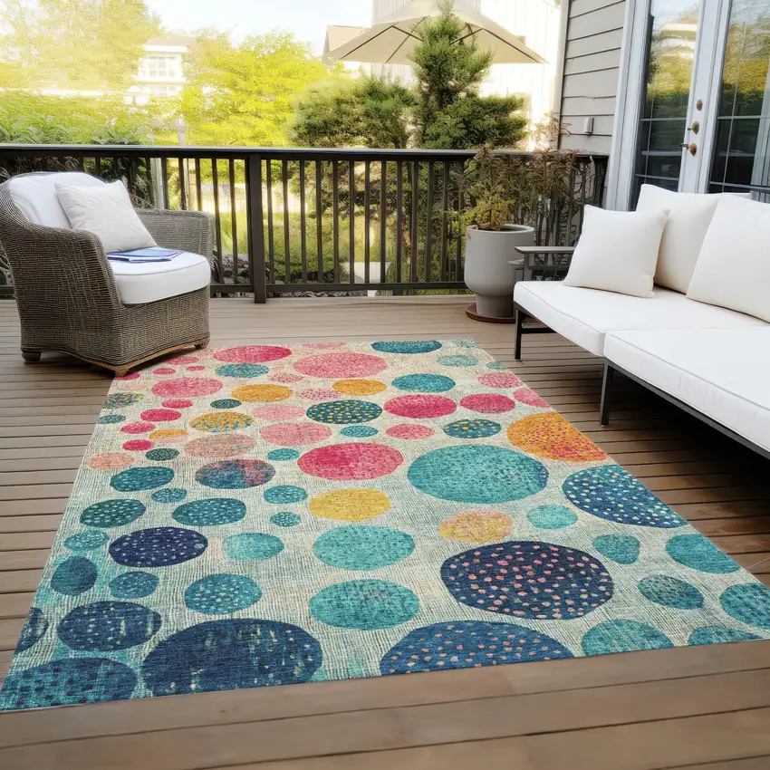 Teal Blue And Pink Geometric Washable Indoor Outdoor Area Rug Photo 6
