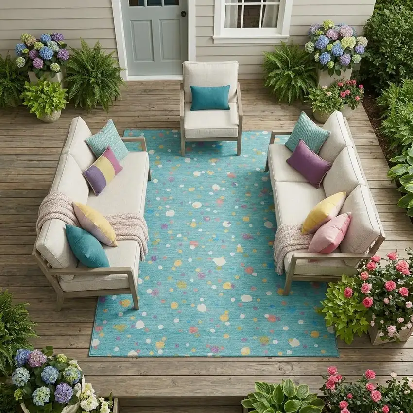 Teal Blue And Pink Geometric Washable Indoor Outdoor Area Rug Photo 1