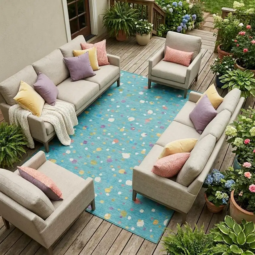Teal Blue And Pink Geometric Washable Indoor Outdoor Area Rug Photo 1