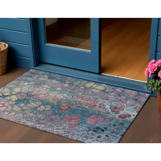 Teal Blue And Plum Abstract Washable Indoor Outdoor Area Rug Photo 2