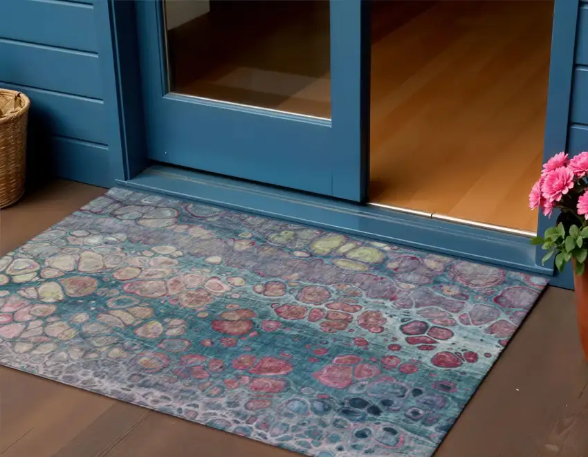 Teal Blue And Plum Abstract Washable Indoor Outdoor Area Rug Photo 2