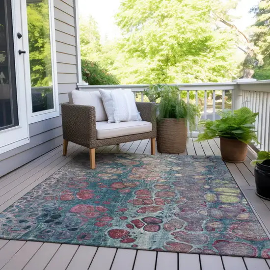 Teal Blue And Plum Abstract Washable Indoor Outdoor Area Rug Photo 8