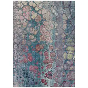 Photo of Teal Blue And Plum Abstract Washable Indoor Outdoor Area Rug