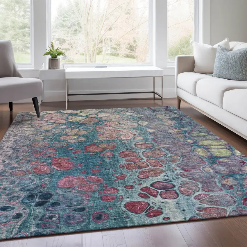 Teal Blue And Plum Abstract Washable Indoor Outdoor Area Rug Photo 7