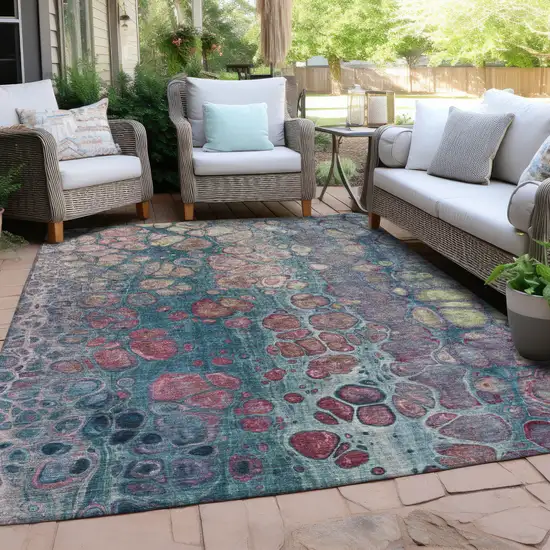 Teal Blue And Plum Abstract Washable Indoor Outdoor Area Rug Photo 5