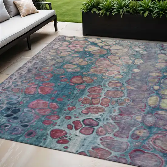 Teal Blue And Plum Abstract Washable Indoor Outdoor Area Rug Photo 2