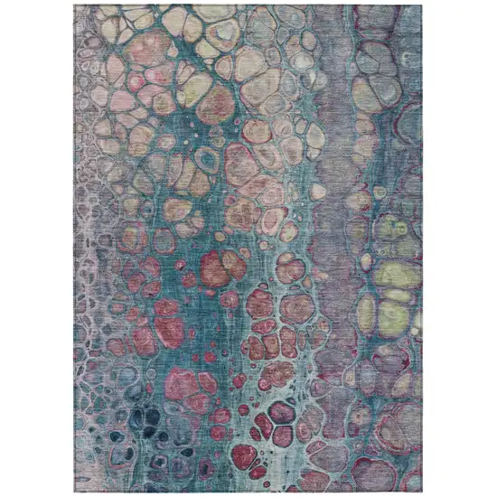 Teal Blue And Plum Abstract Washable Indoor Outdoor Area Rug Photo 1