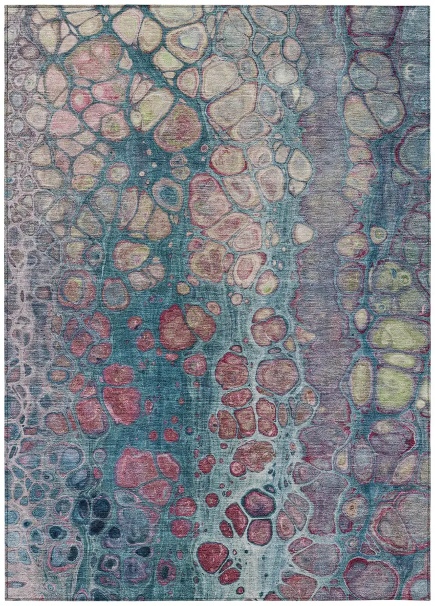 Teal Blue And Plum Abstract Washable Indoor Outdoor Area Rug Photo 1