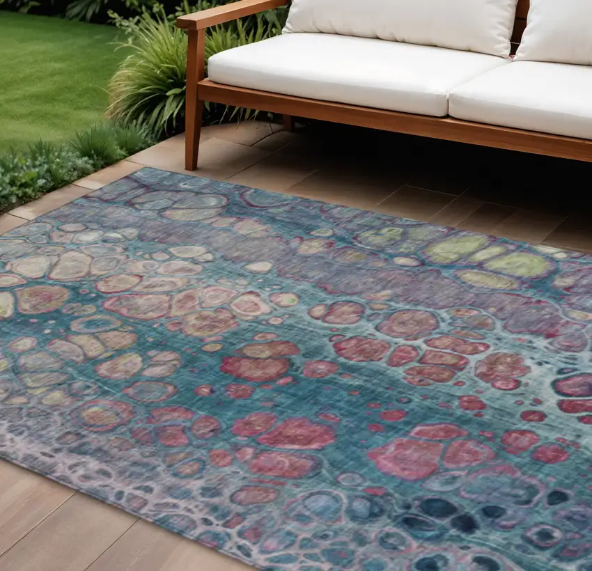 Teal Blue And Plum Abstract Washable Indoor Outdoor Area Rug Photo 2