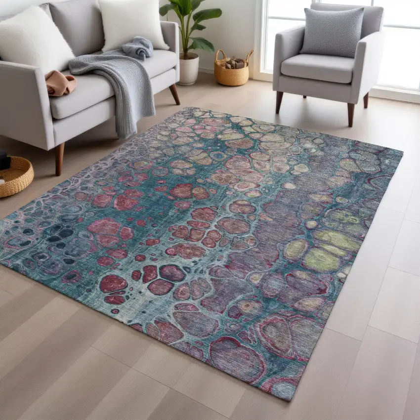 Teal Blue And Plum Abstract Washable Indoor Outdoor Area Rug Photo 6