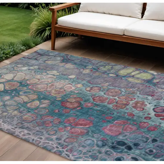 Teal Blue And Plum Abstract Washable Indoor Outdoor Area Rug Photo 2
