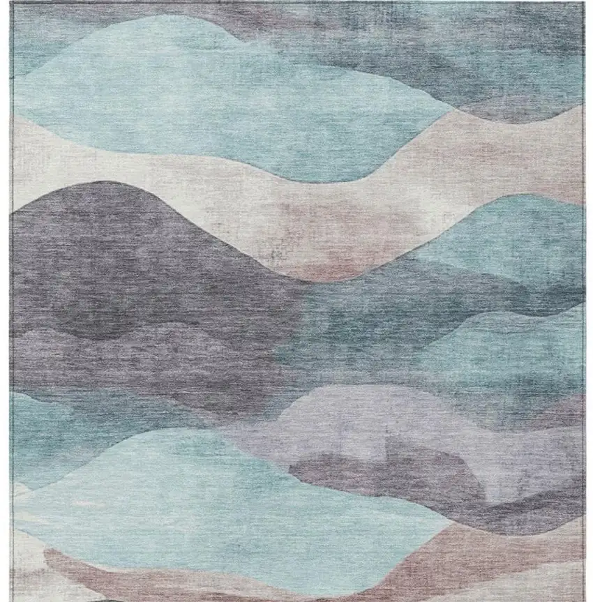 Teal Blue And Plum Abstract Washable Indoor Outdoor Area Rug Photo 1
