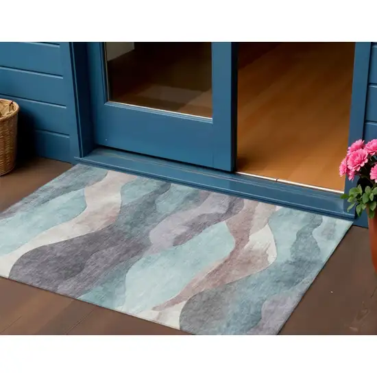 Teal Blue And Plum Abstract Washable Indoor Outdoor Area Rug Photo 2