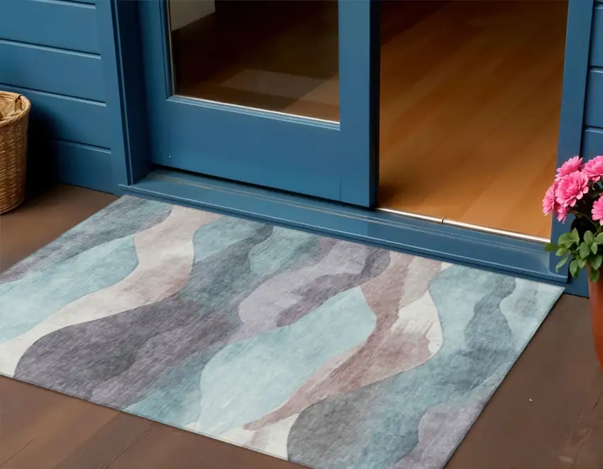 Teal Blue And Plum Abstract Washable Indoor Outdoor Area Rug Photo 2