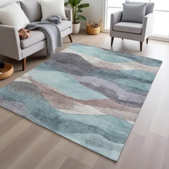 Teal Blue And Plum Abstract Washable Indoor Outdoor Area Rug Photo 5