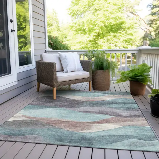 Teal Blue And Plum Abstract Washable Indoor Outdoor Area Rug Photo 7