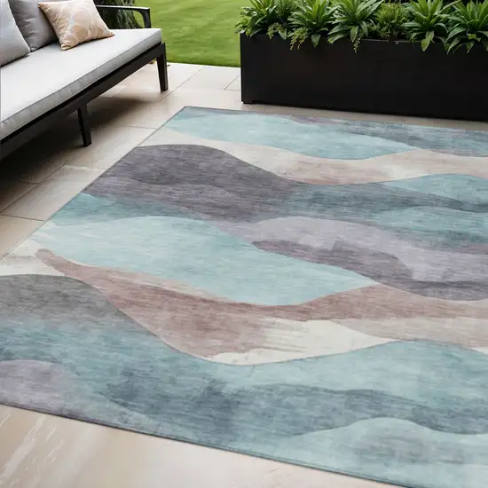 Teal Blue And Plum Abstract Washable Indoor Outdoor Area Rug Photo 2