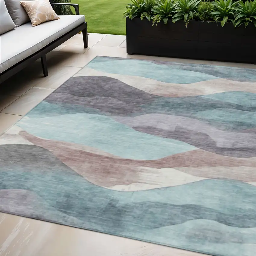 Teal Blue And Plum Abstract Washable Indoor Outdoor Area Rug Photo 2