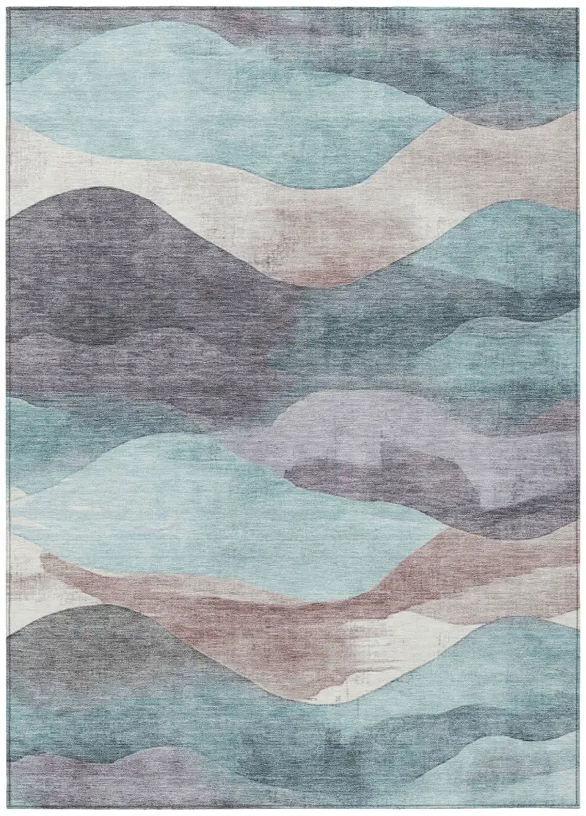 Teal Blue And Plum Abstract Washable Indoor Outdoor Area Rug Photo 8