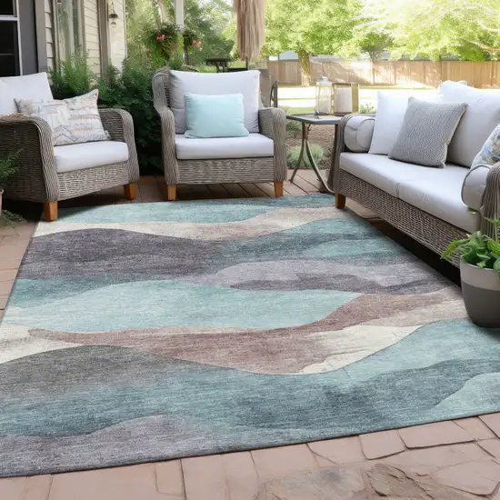 Teal Blue And Plum Abstract Washable Indoor Outdoor Area Rug Photo 4
