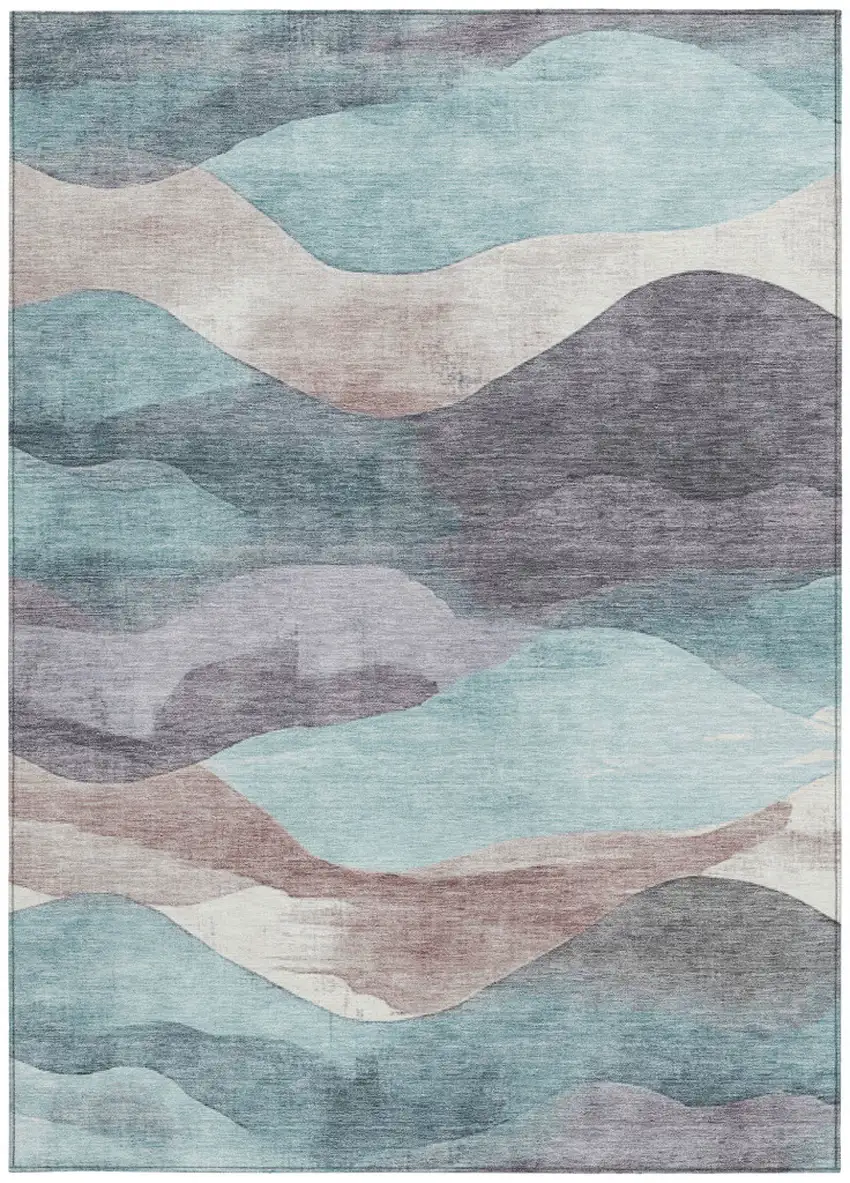 Teal Blue And Plum Abstract Washable Indoor Outdoor Area Rug Photo 9