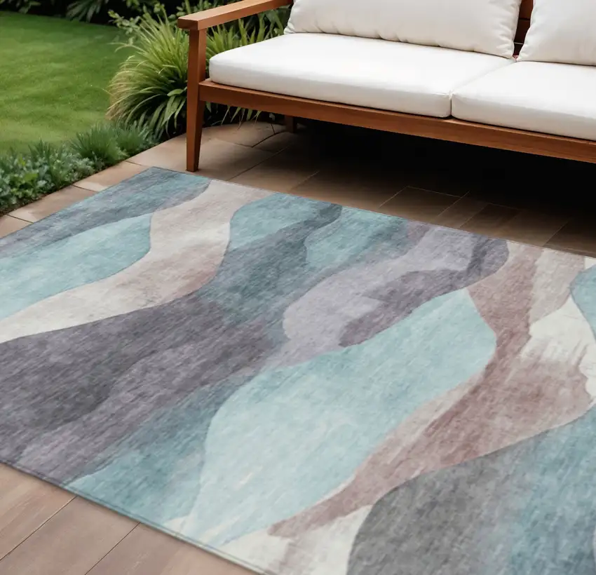 Teal Blue And Plum Abstract Washable Indoor Outdoor Area Rug Photo 2