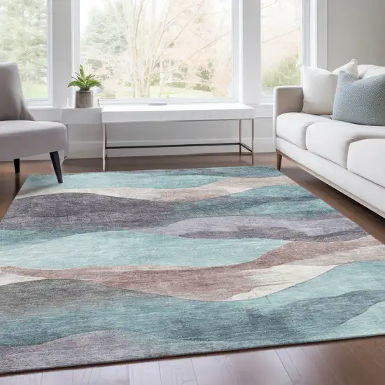 Teal Blue And Plum Abstract Washable Indoor Outdoor Area Rug Photo 6