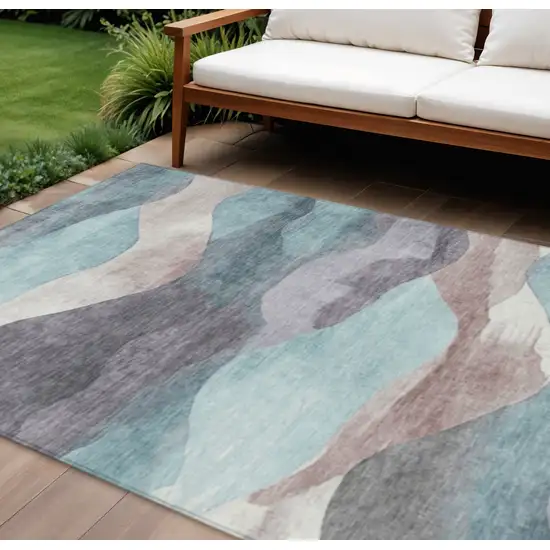 Teal Blue And Plum Abstract Washable Indoor Outdoor Area Rug Photo 2