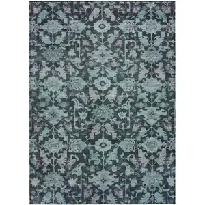 Photo of Teal Blue And Plum Floral Washable Indoor Outdoor Area Rug