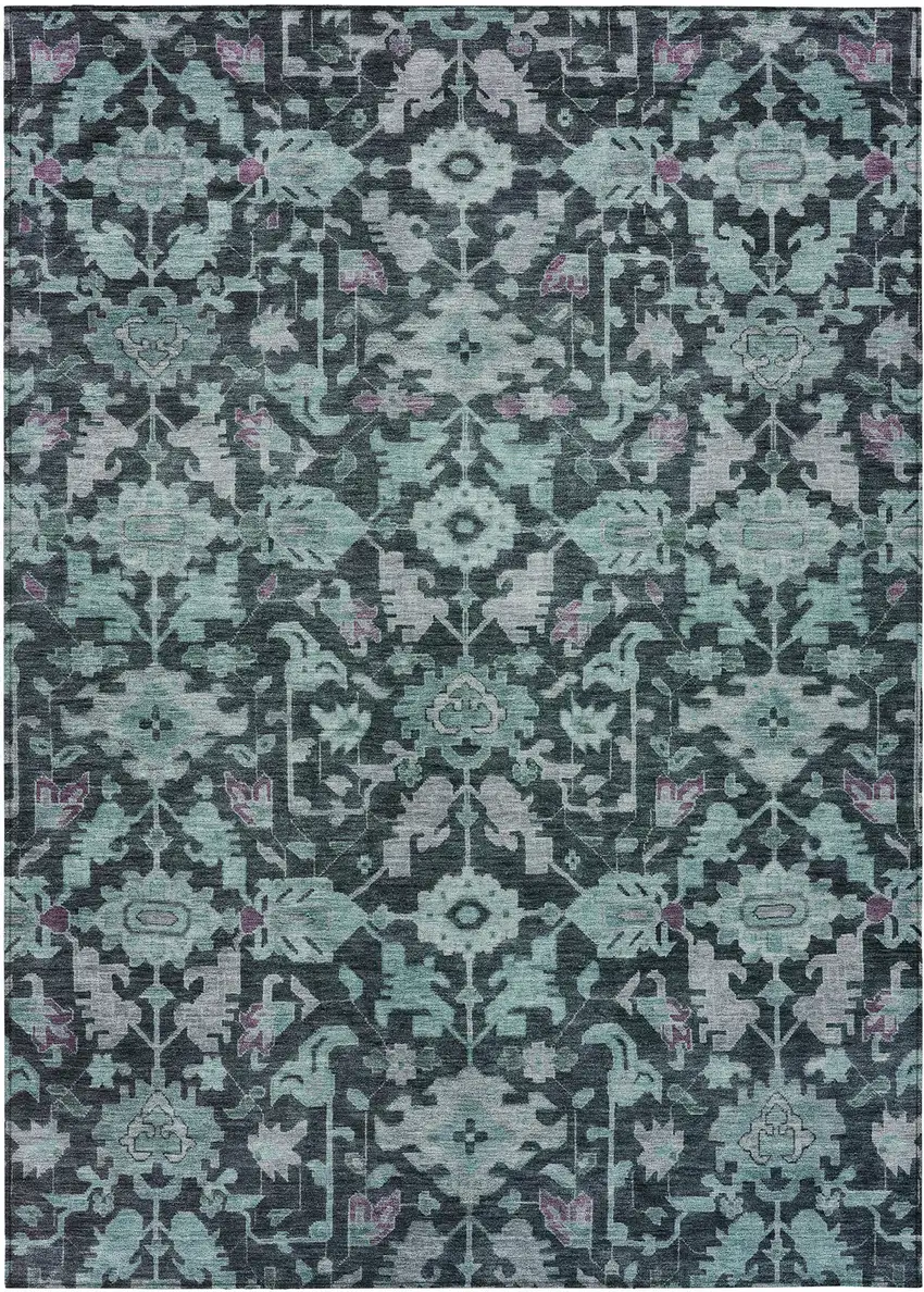 Teal Blue And Plum Floral Washable Indoor Outdoor Area Rug Photo 1
