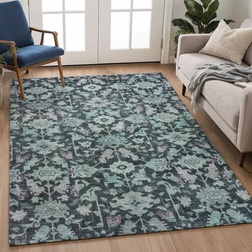 Teal Blue And Plum Floral Washable Indoor Outdoor Area Rug Photo 5