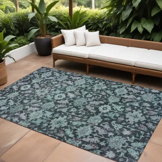Teal Blue And Plum Floral Washable Indoor Outdoor Area Rug Photo 1