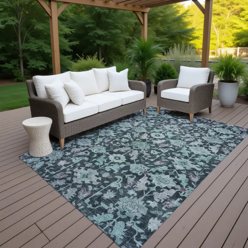 Teal Blue And Plum Floral Washable Indoor Outdoor Area Rug Photo 7