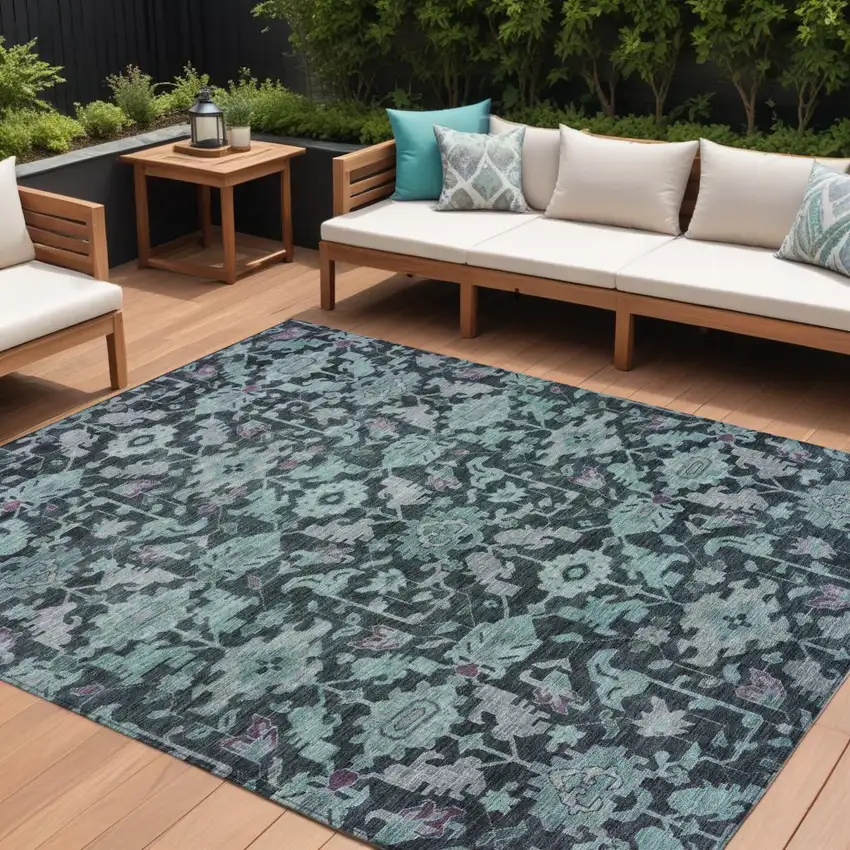 Teal Blue And Plum Floral Washable Indoor Outdoor Area Rug Photo 1