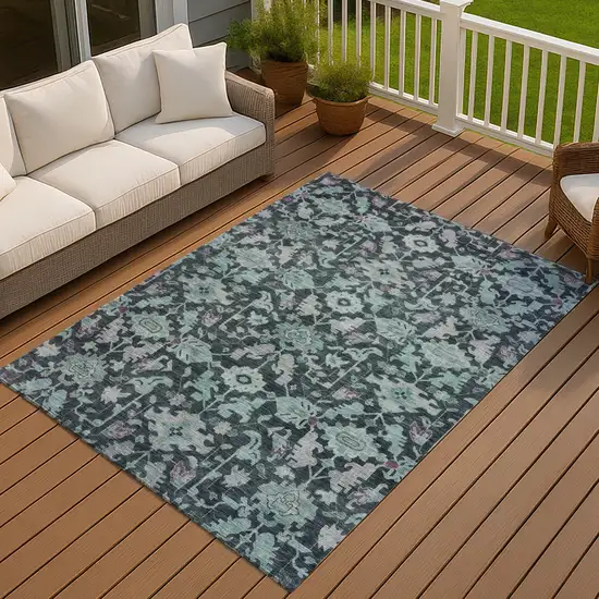 Teal Blue And Plum Floral Washable Indoor Outdoor Area Rug Photo 4