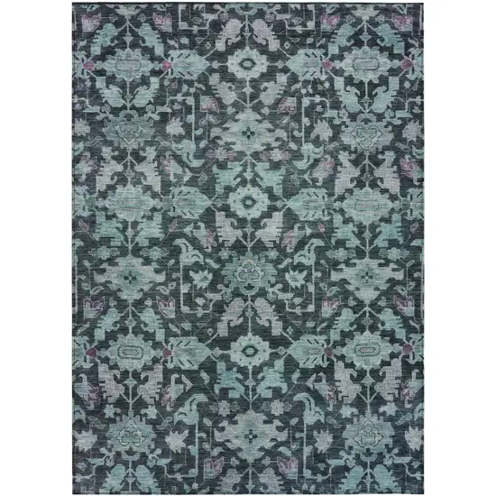 Teal Blue And Plum Floral Washable Indoor Outdoor Area Rug Photo 1