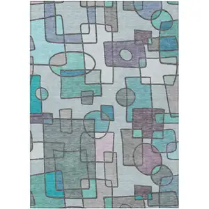 Photo of Teal Blue And Plum Geometric Washable Indoor Outdoor Area Rug