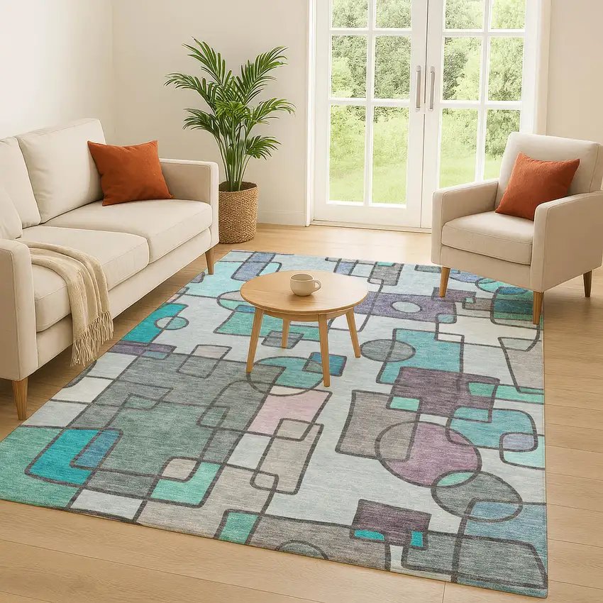 Teal Blue And Plum Geometric Washable Indoor Outdoor Area Rug Photo 5