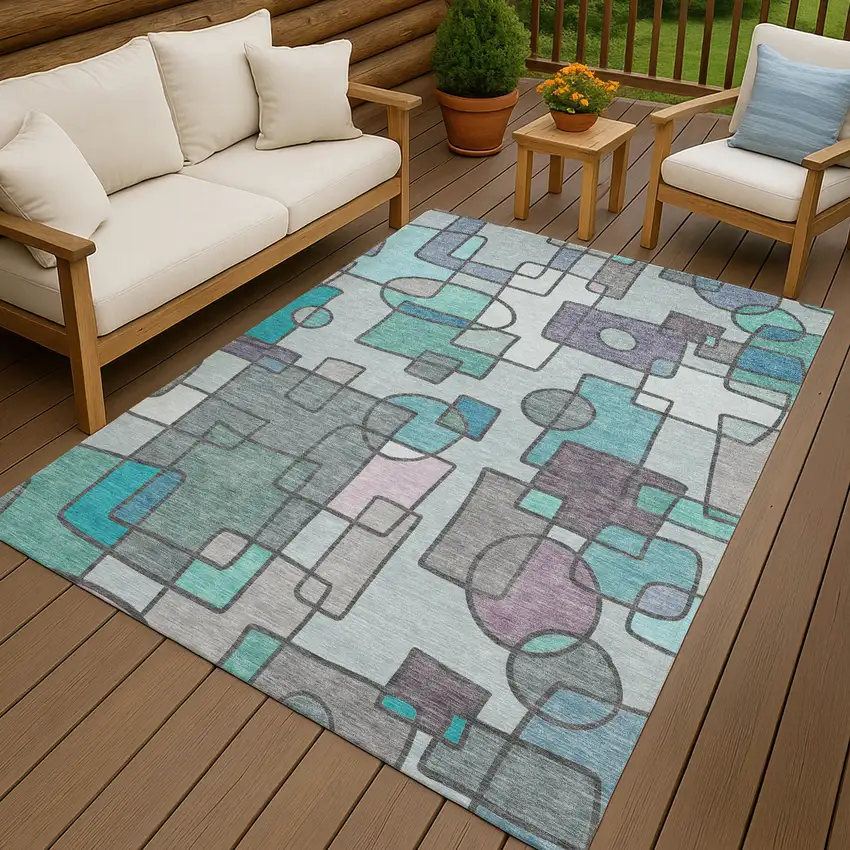 Teal Blue And Plum Geometric Washable Indoor Outdoor Area Rug Photo 7