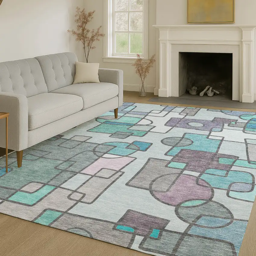 Teal Blue And Plum Geometric Washable Indoor Outdoor Area Rug Photo 6