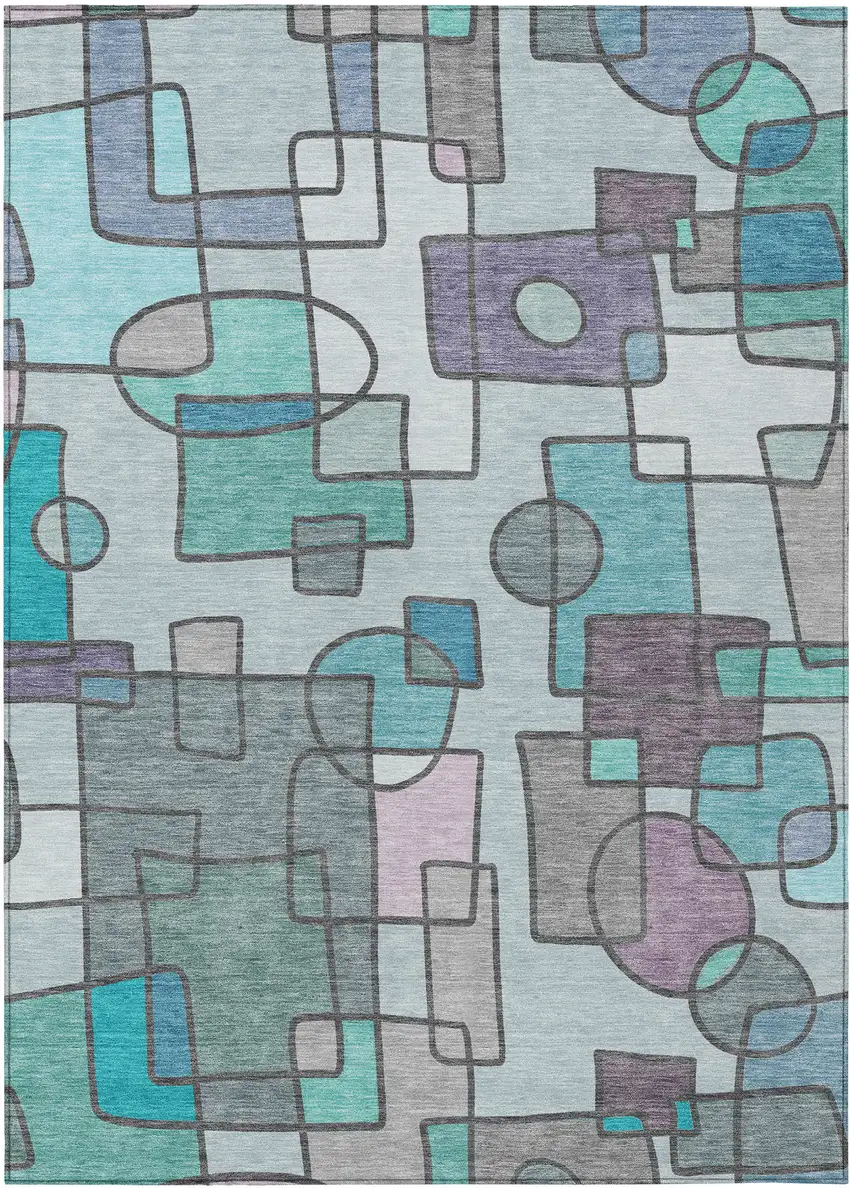 Teal Blue And Plum Geometric Washable Indoor Outdoor Area Rug Photo 1