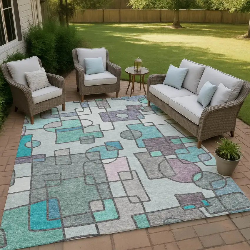 Teal Blue And Plum Geometric Washable Indoor Outdoor Area Rug Photo 4