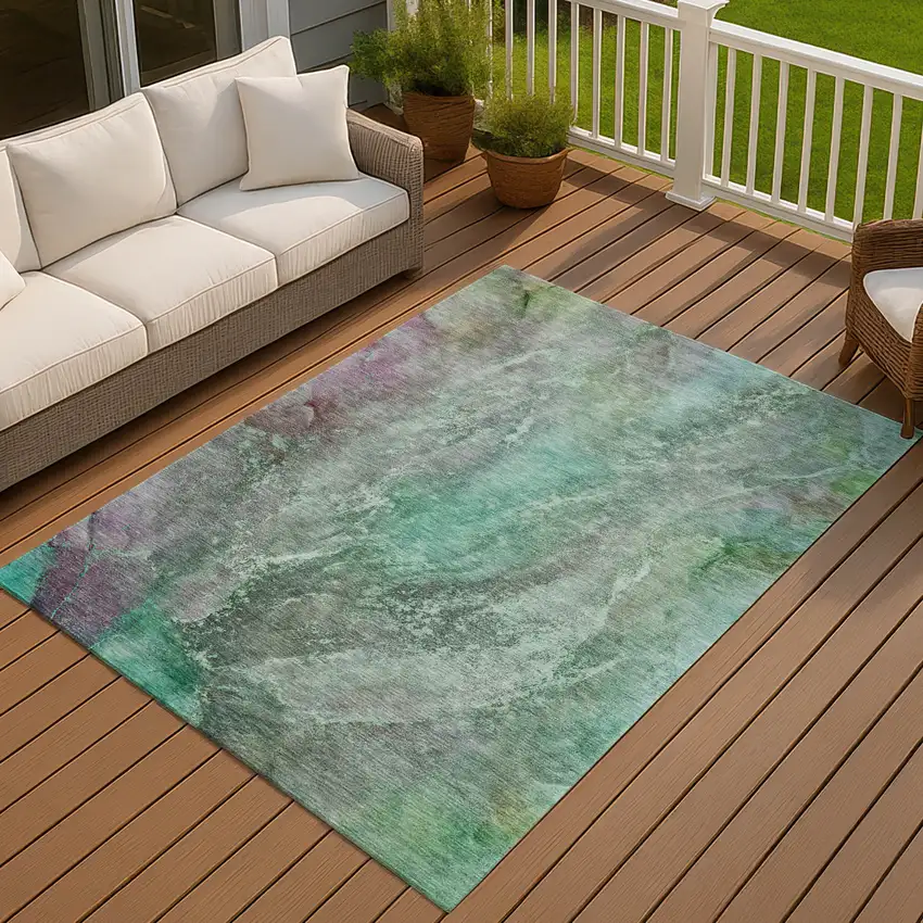 Teal Blue And Purple Abstract Washable Indoor Outdoor Area Rug Photo 7