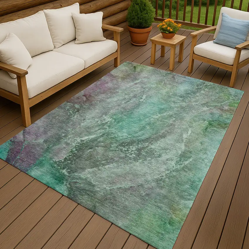 Teal Blue And Purple Abstract Washable Indoor Outdoor Area Rug Photo 9