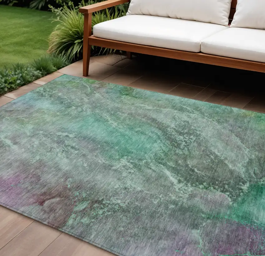 Teal Blue And Purple Abstract Washable Indoor Outdoor Area Rug Photo 1