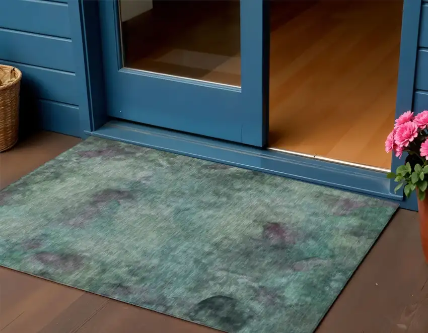 Teal Blue And Purple Abstract Washable Indoor Outdoor Area Rug Photo 1