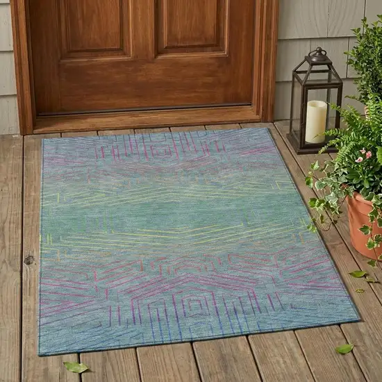 Teal Blue And Purple Geometric Washable Indoor Outdoor Area Rug Photo 1