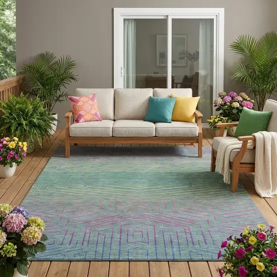 Teal Blue And Purple Geometric Washable Indoor Outdoor Area Rug Photo 1