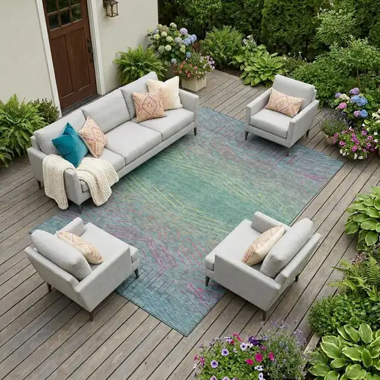 Teal Blue And Purple Geometric Washable Indoor Outdoor Area Rug Photo 1