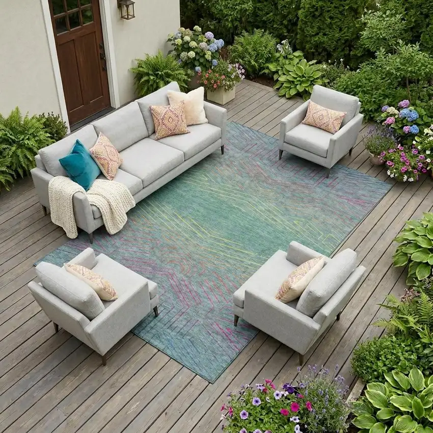 Teal Blue And Purple Geometric Washable Indoor Outdoor Area Rug Photo 1